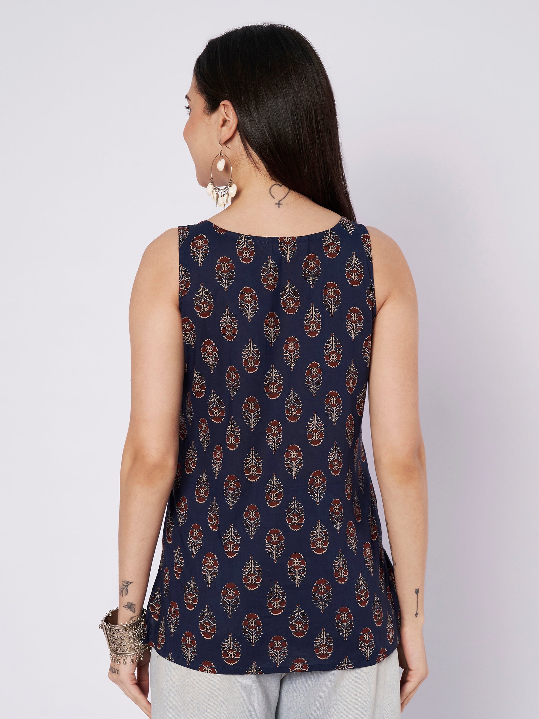 Navy Blue Printed Sleeveless Cotton Top