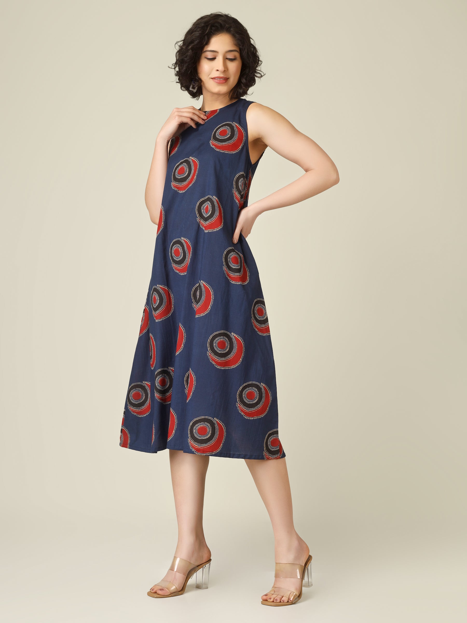 Blue Printed Sleeveless A-Line Cotton Dress