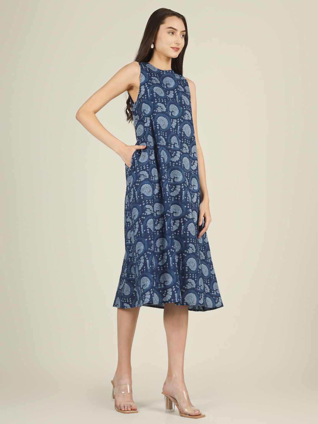 Dark Blue Printed Sleeveless A-Line Cotton Dress