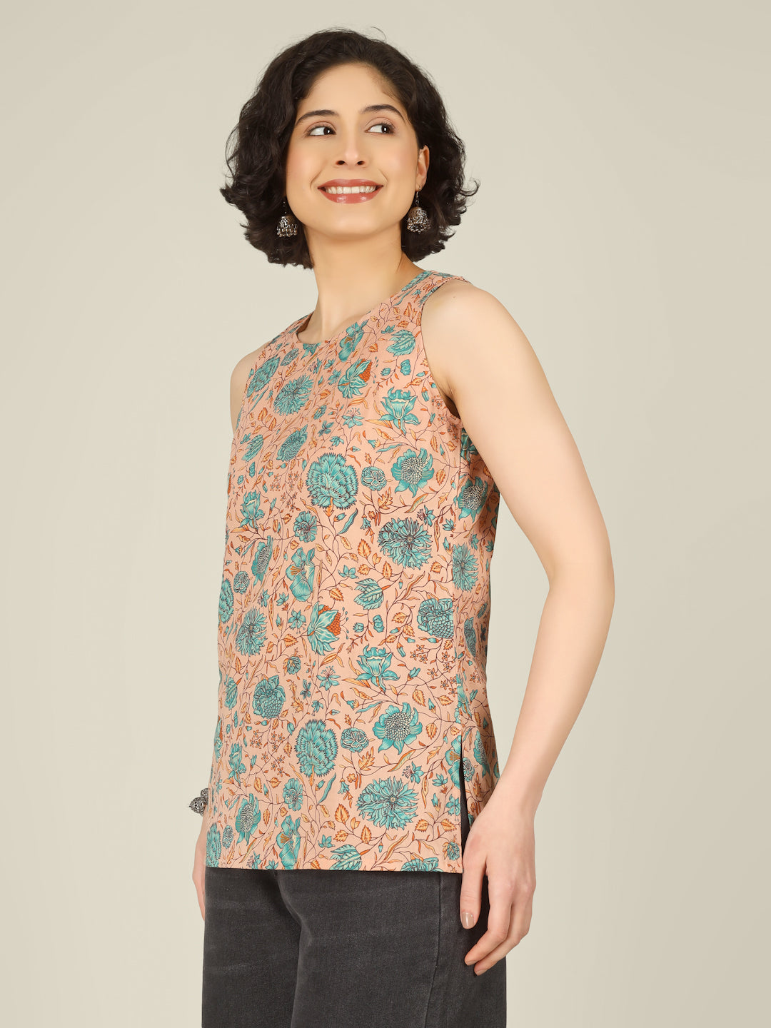 Peach Printed Round Neck Sleeveless Cotton Top