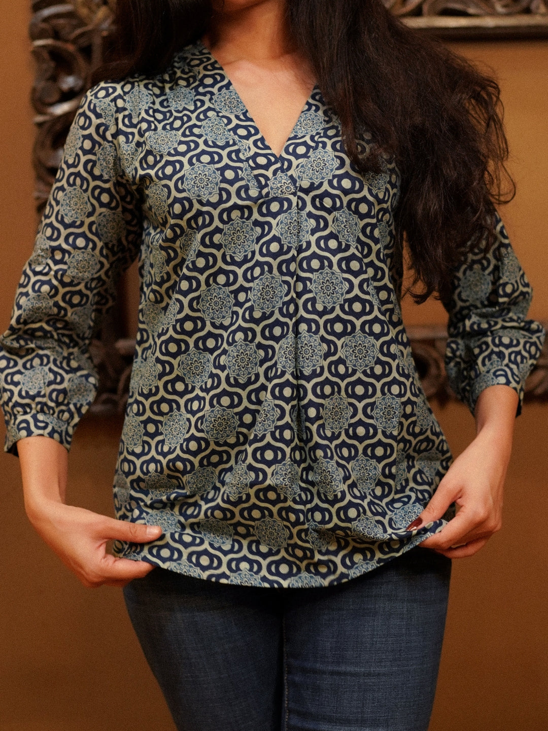 Blue Printed V-Neck Cotton Top