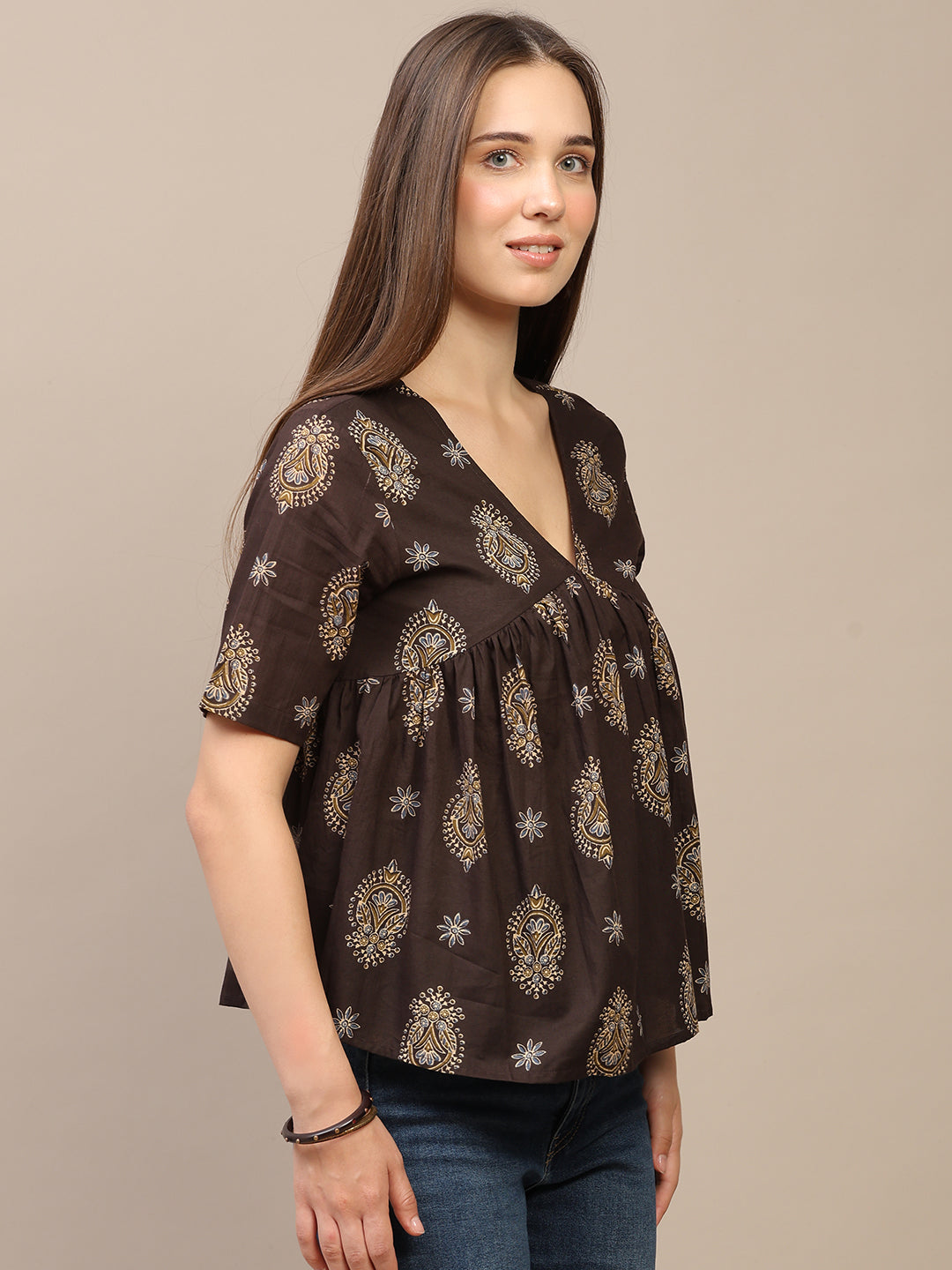 Brown Printed Half-Sleeve Alia-Cut Cotton Top