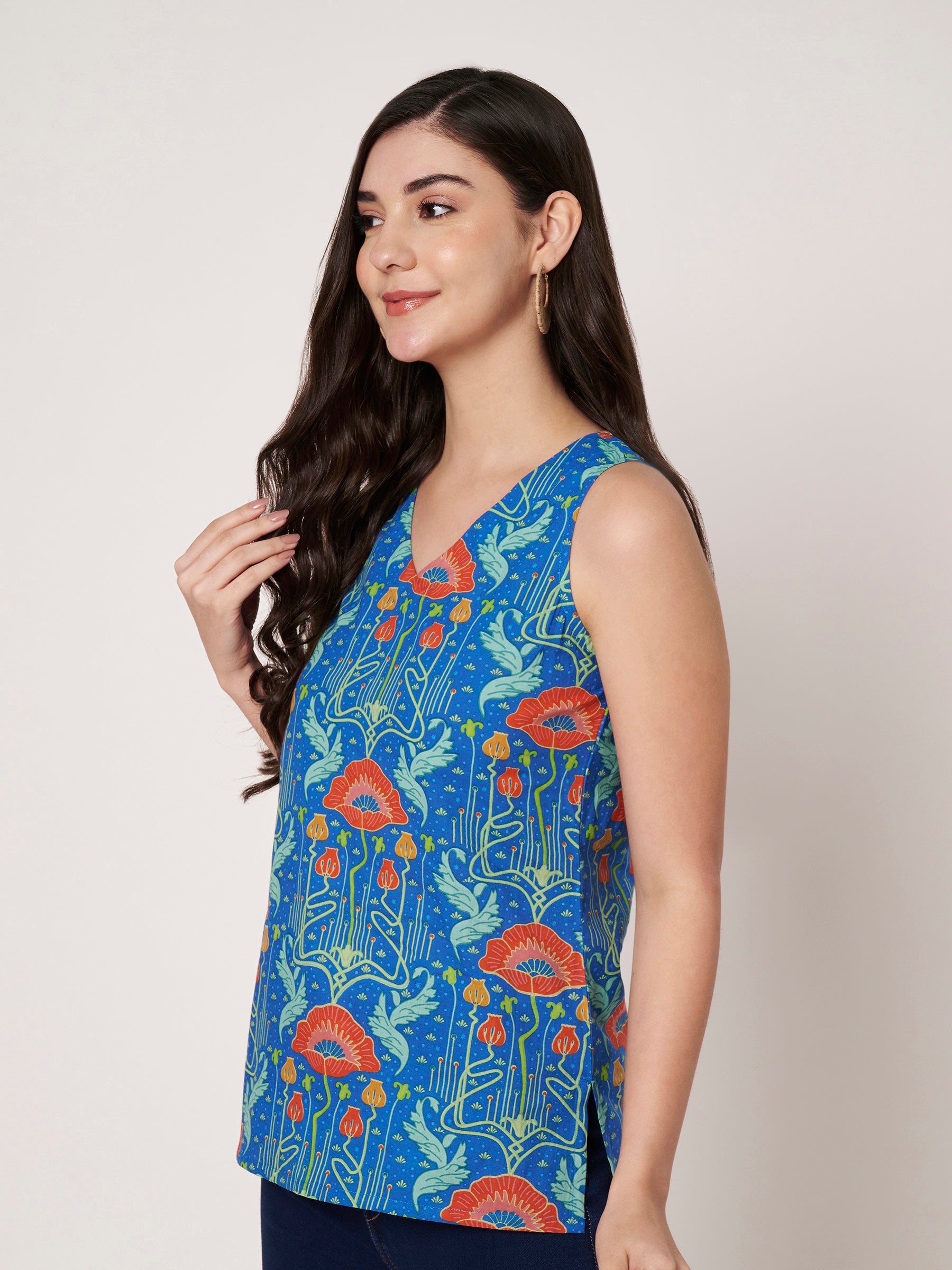 Blue Printed Sleeveless V-Neck Cotton Top