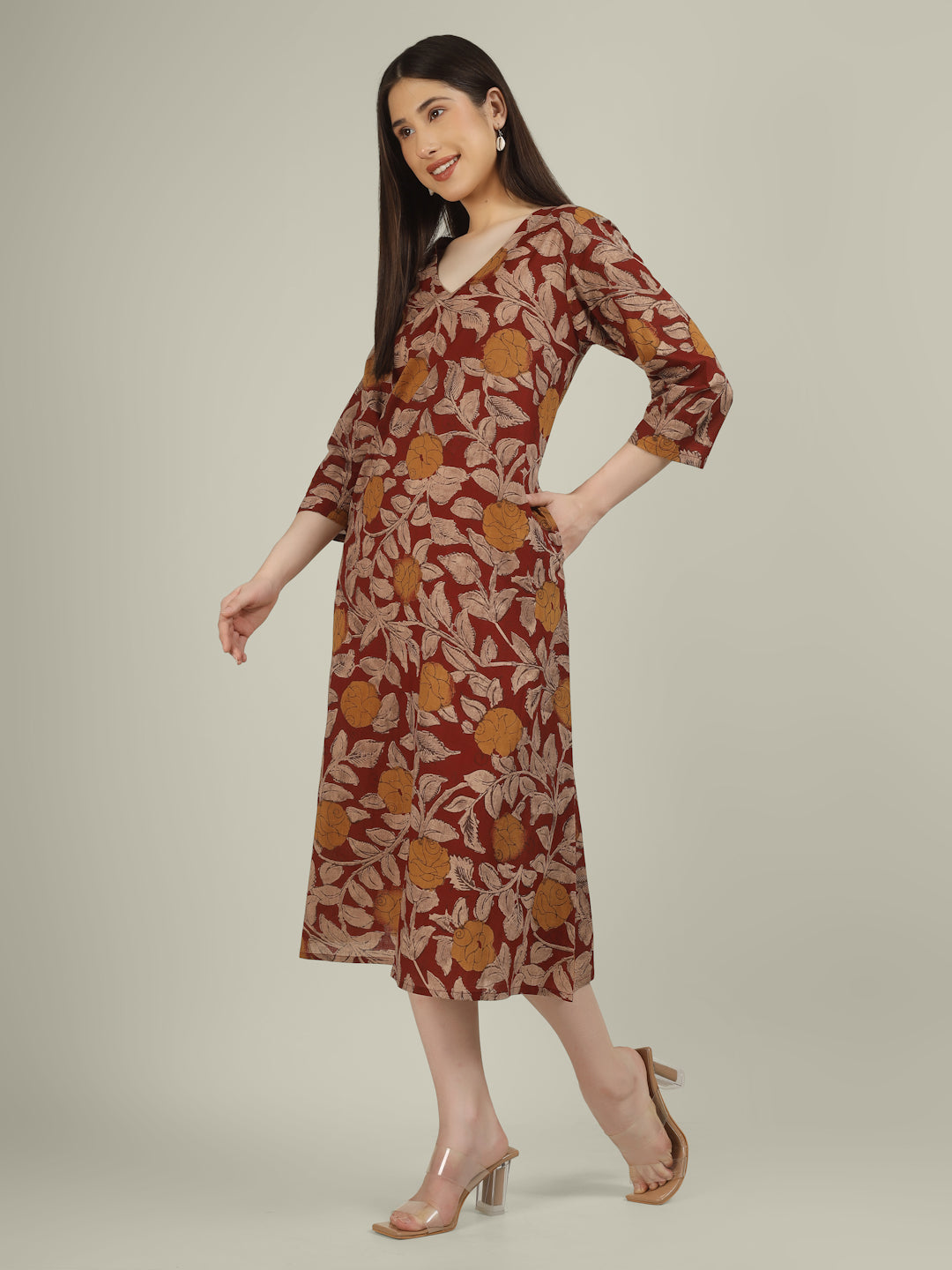 Maroon Printed 3/4th Sleeve A-Line Cotton Dress