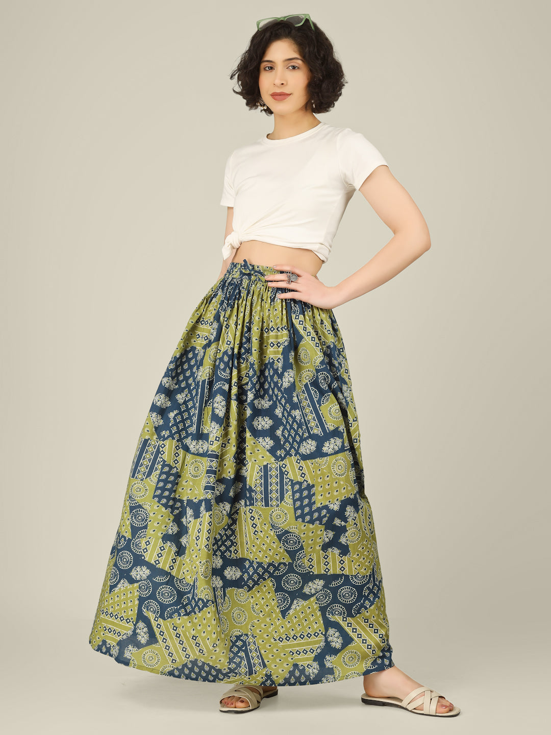 Green and Blue Printed Cotton Maxi Skirt