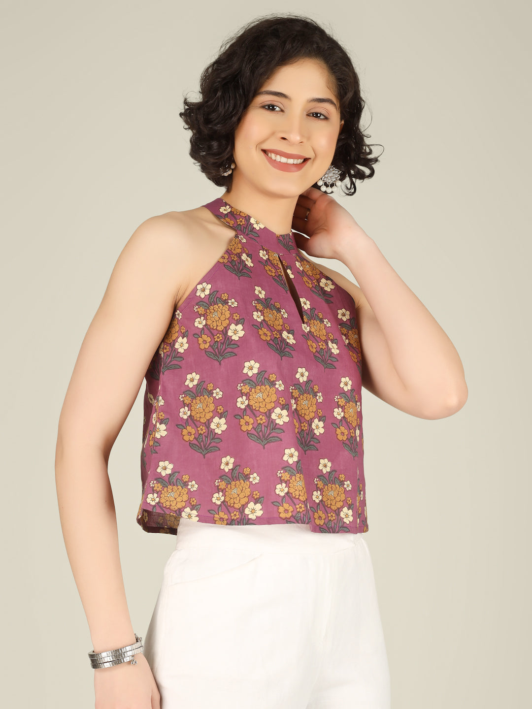 Purple Printed Halter Neck Sleeveless Cotton Top