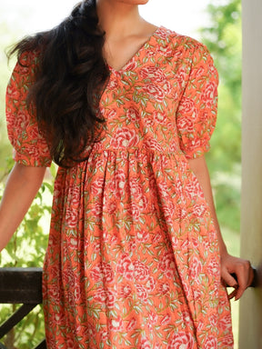 Light Orange Printed Long Cotton Dress