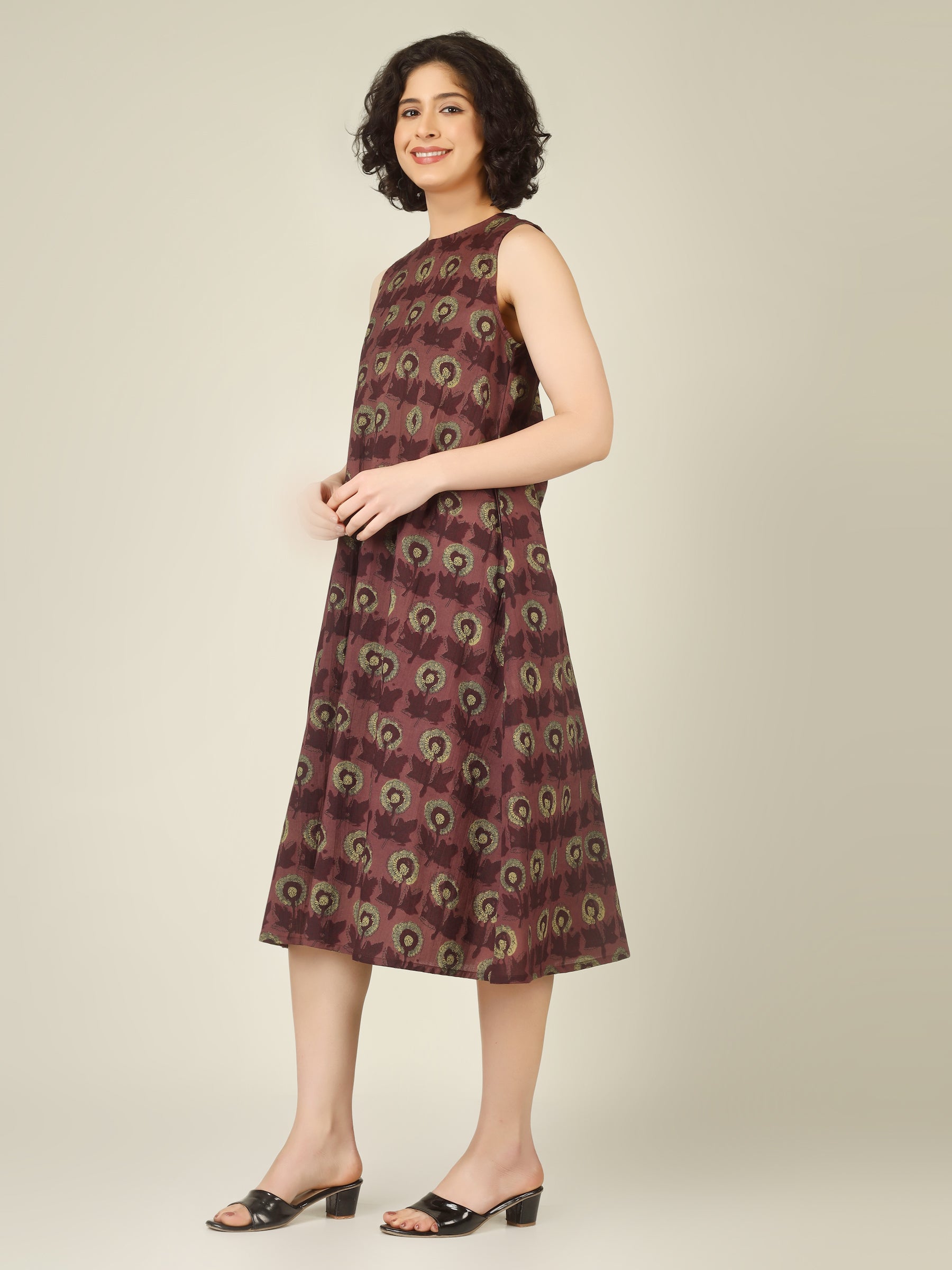 Brownish Red Printed Sleeveless A-Line Cotton Dress
