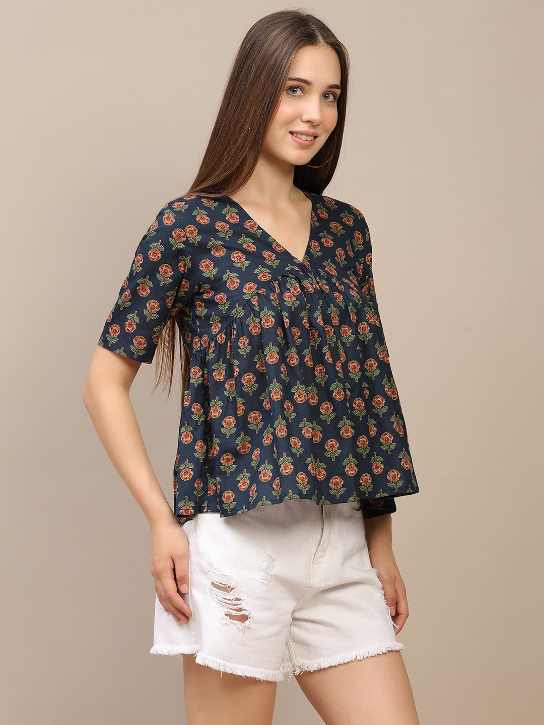 Navy Blue Printed Half-Sleeve Alia-Cut Cotton Top