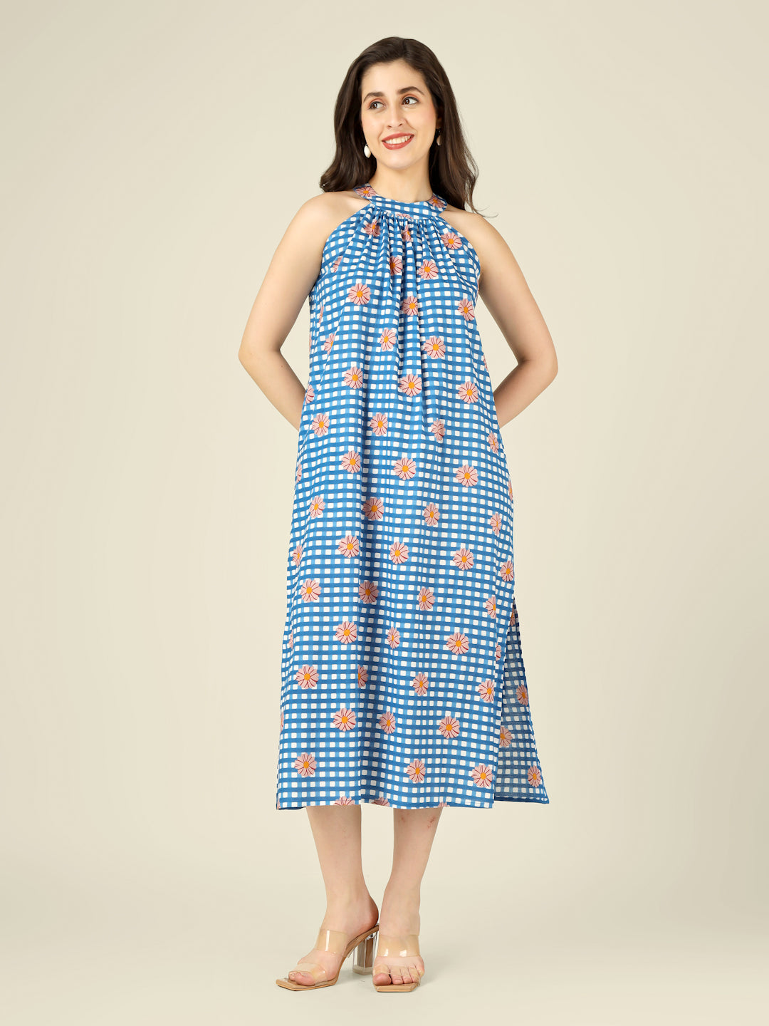 Blue Checked Halter Neck Long Sleeveless Cotton Dress