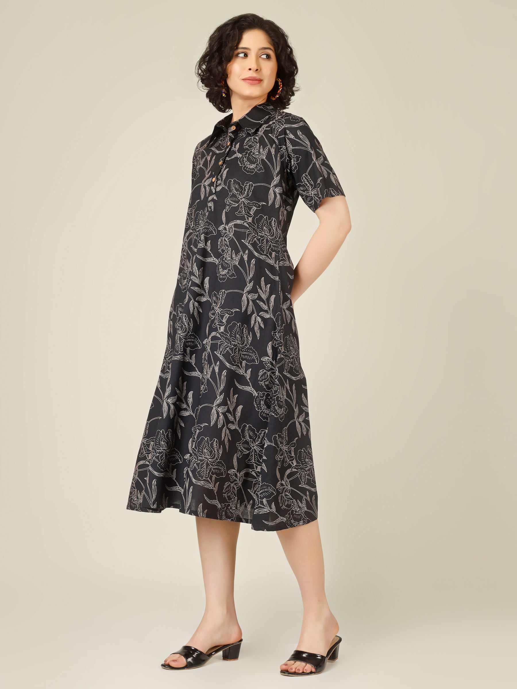 Black Printed A-Line Cotton Shirt Dress