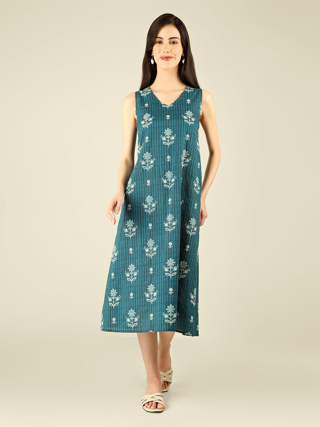 Teal Blue Printed V-Neck Sleeveless A-Line Cotton Dress