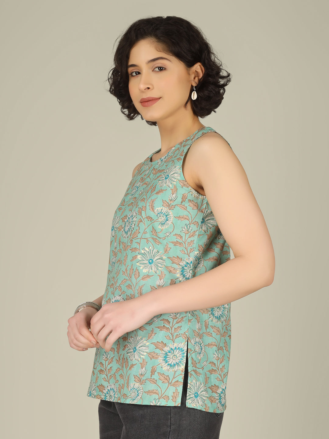 Light Green Printed Round Neck Sleeveless Cotton Top