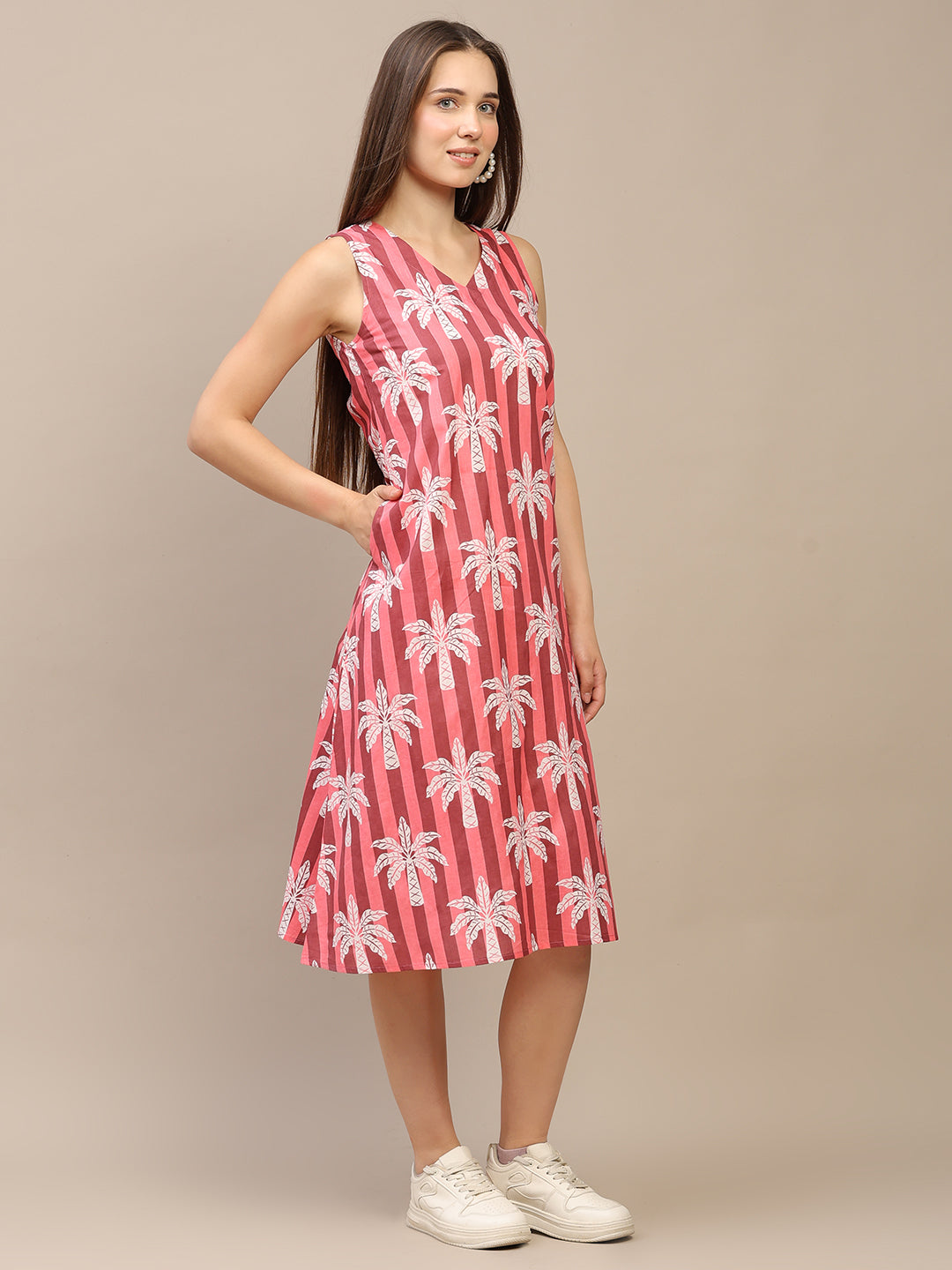 Pink Striped V-Neck Sleeveless A-Line Cotton Dress