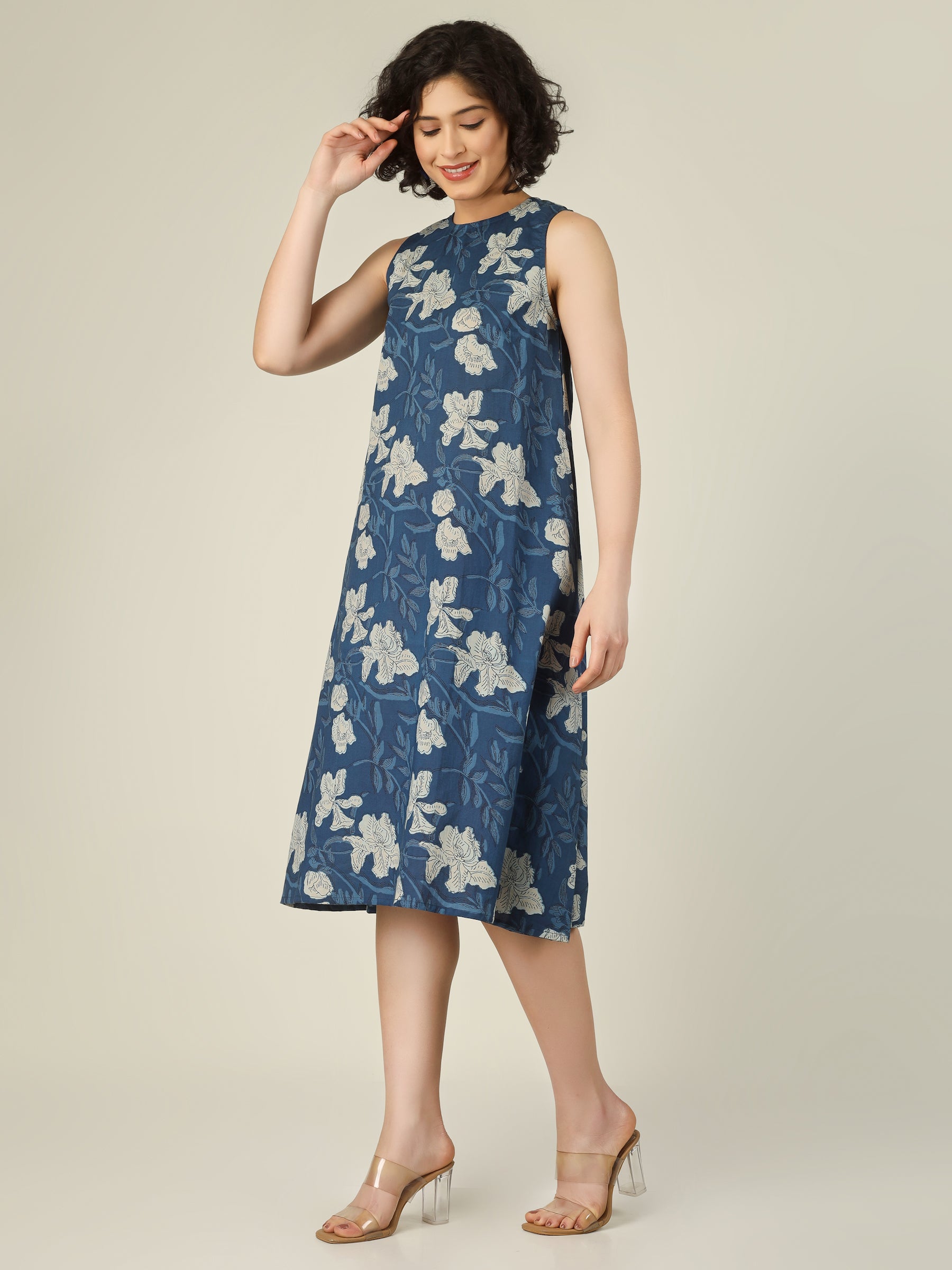 Blue Printed Sleeveless A-Line Cotton Dress