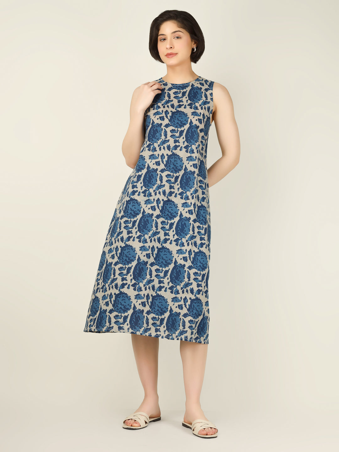Blue Printed Sleeveless A-Line Cotton Dress