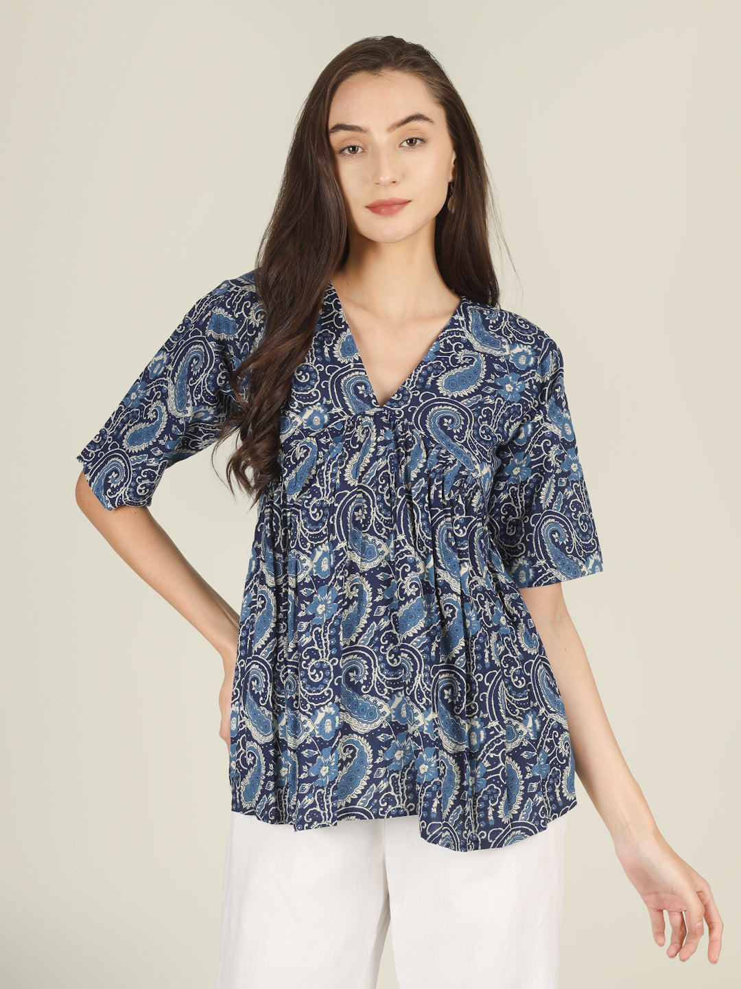 Blue Printed Half-Sleeve Alia-Cut Cotton Peplum Top