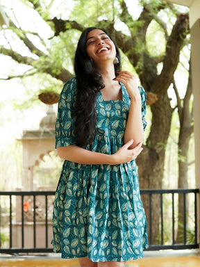 Teal Green Printed Short Cotton Dress