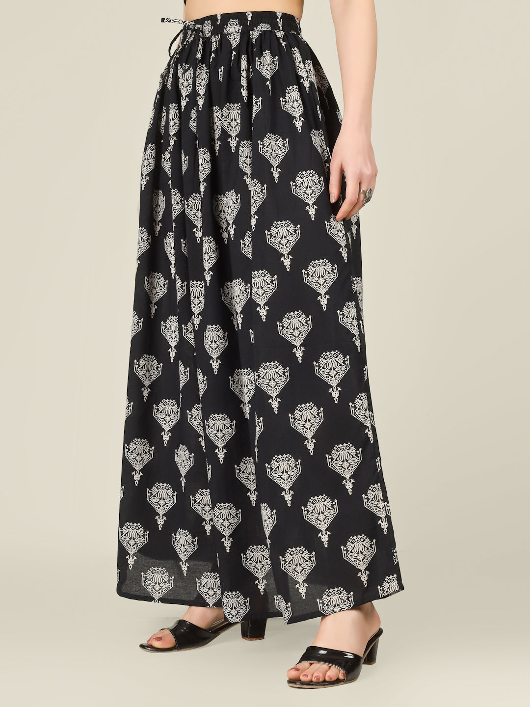 Black Printed Cotton Maxi Skirt