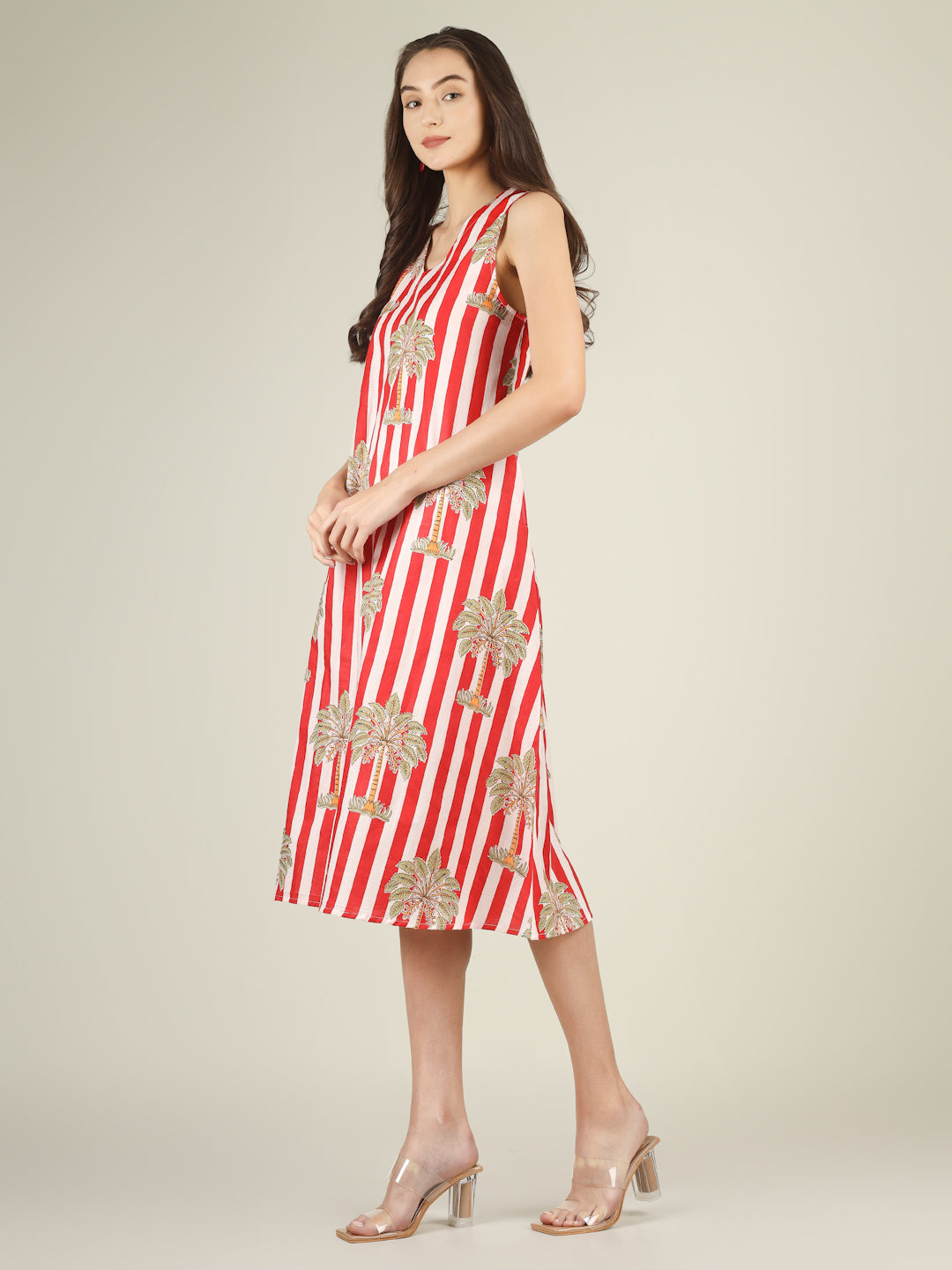 Red Striped V-Neck Sleeveless A-Line Cotton Dress