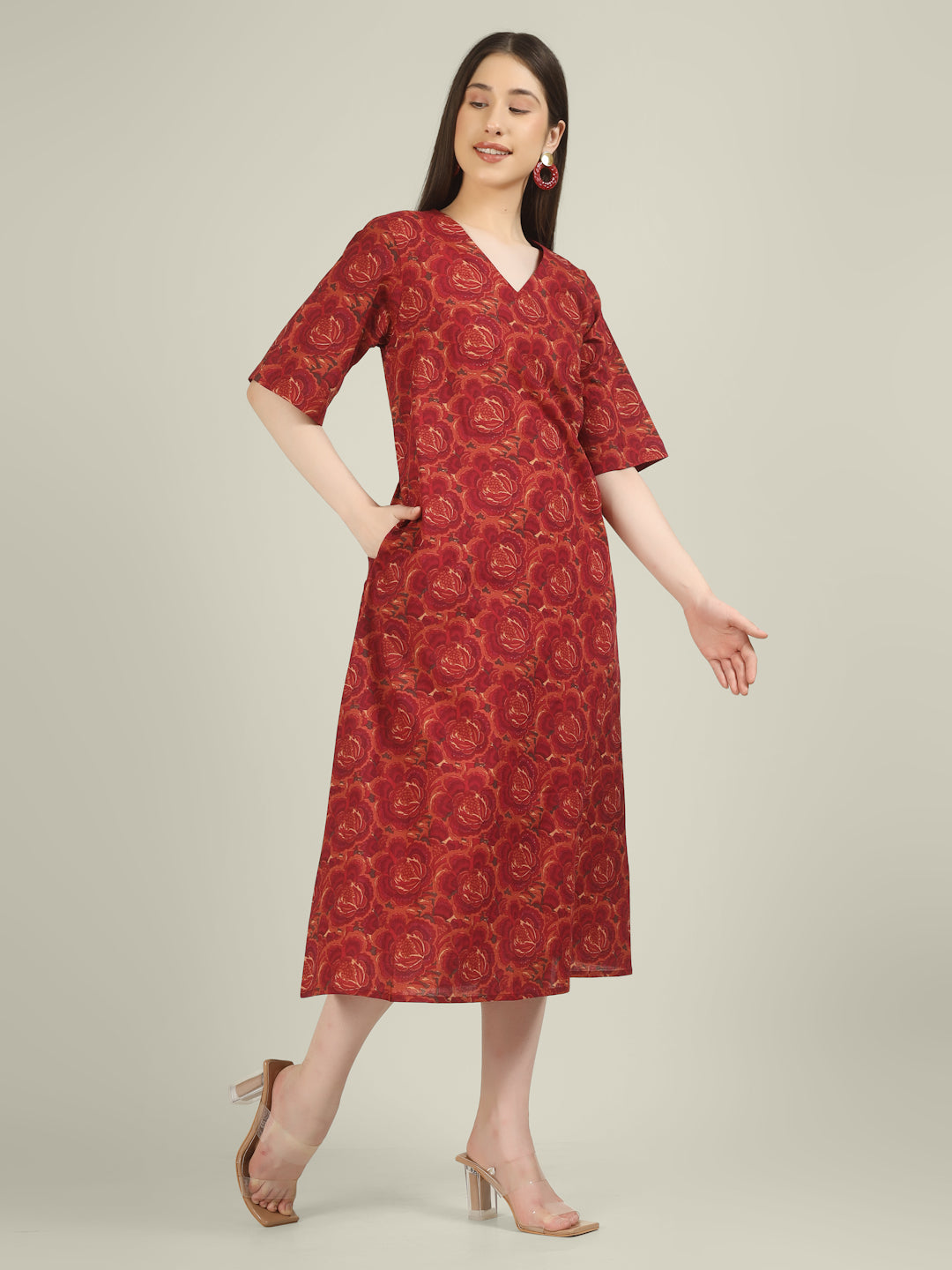 Pink Printed Half-Sleeve A-Line Cotton Dress