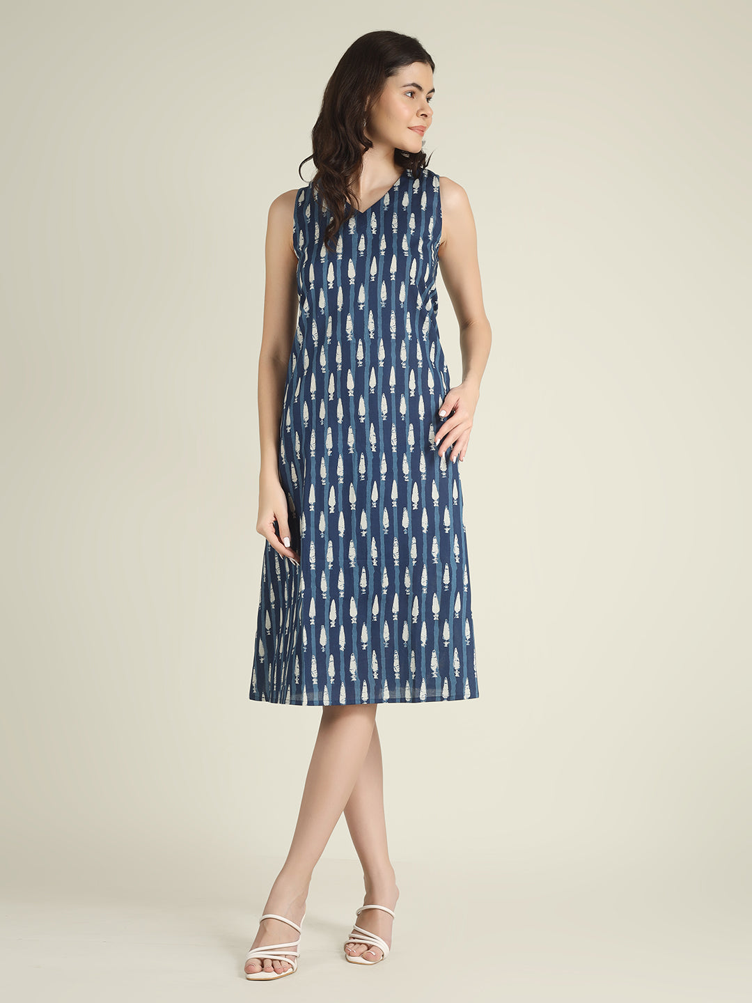 Blue Prined Sleeveless V-Neck A-Line Cotton Dress