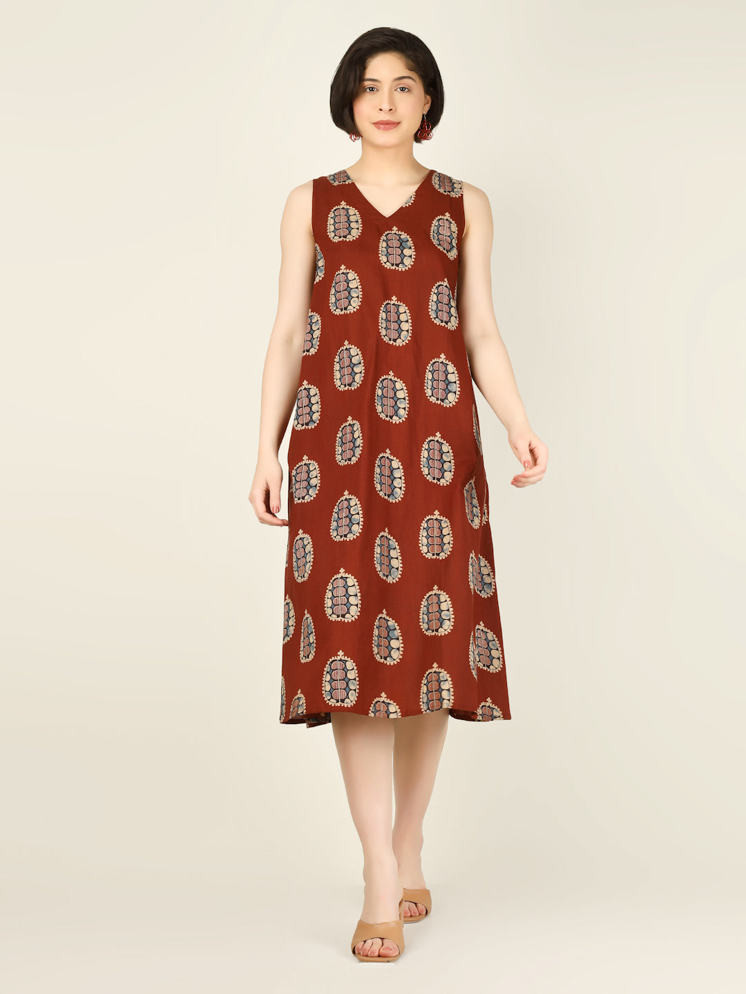 Rust Printed Sleeveless V-Neck A-Line Cotton Dress