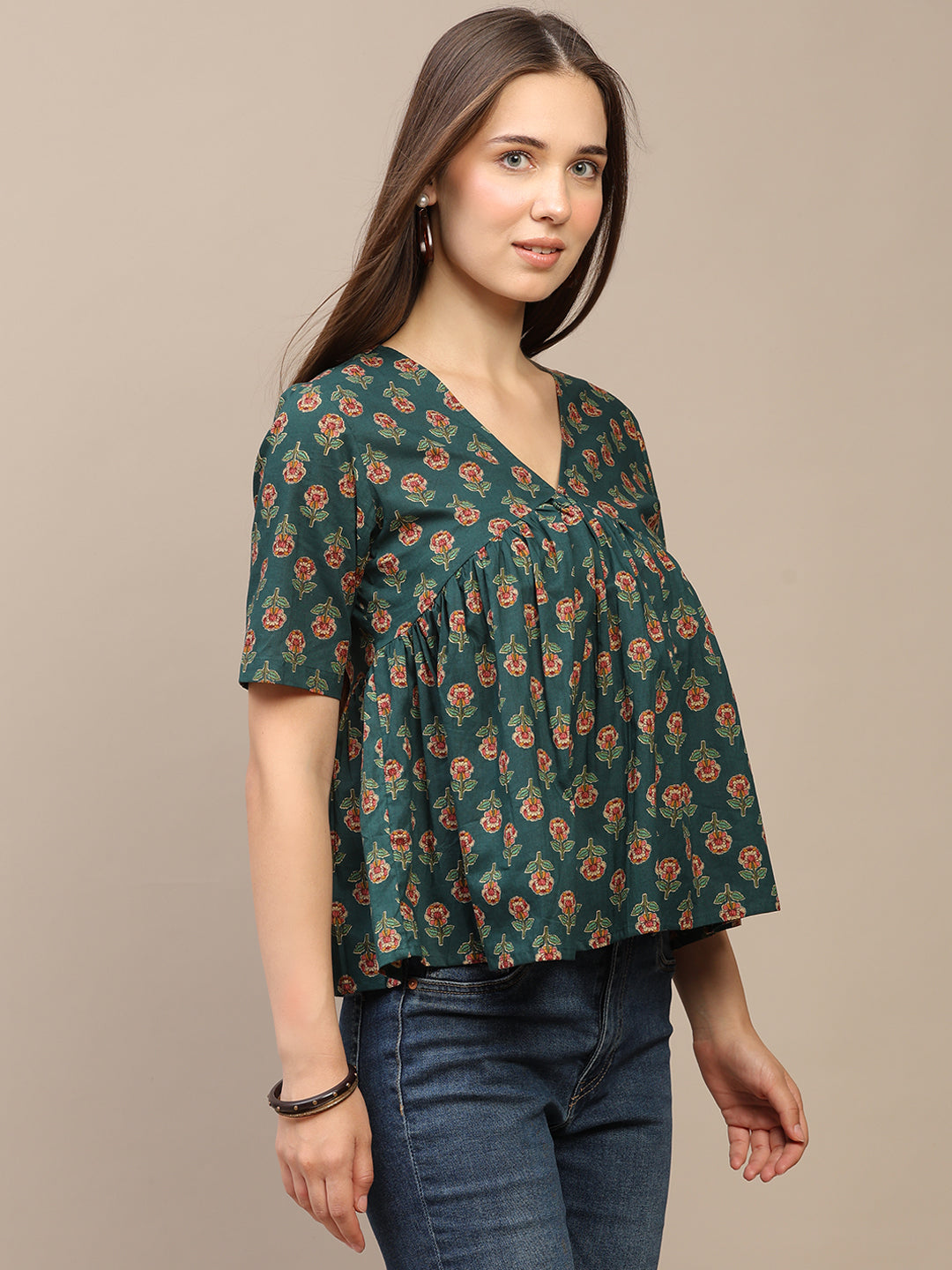 Dark Green Printed Half-Sleeve Alia-Cut Cotton Top