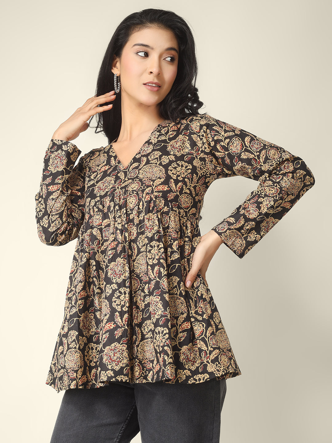 Black Printed Alia-Cut Cotton Peplum Top