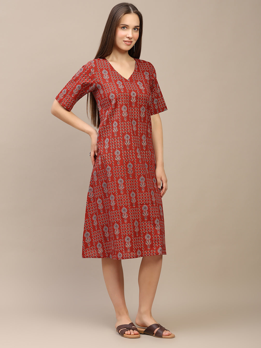 Red Printed Half-Sleeve A-Line Cotton Dress