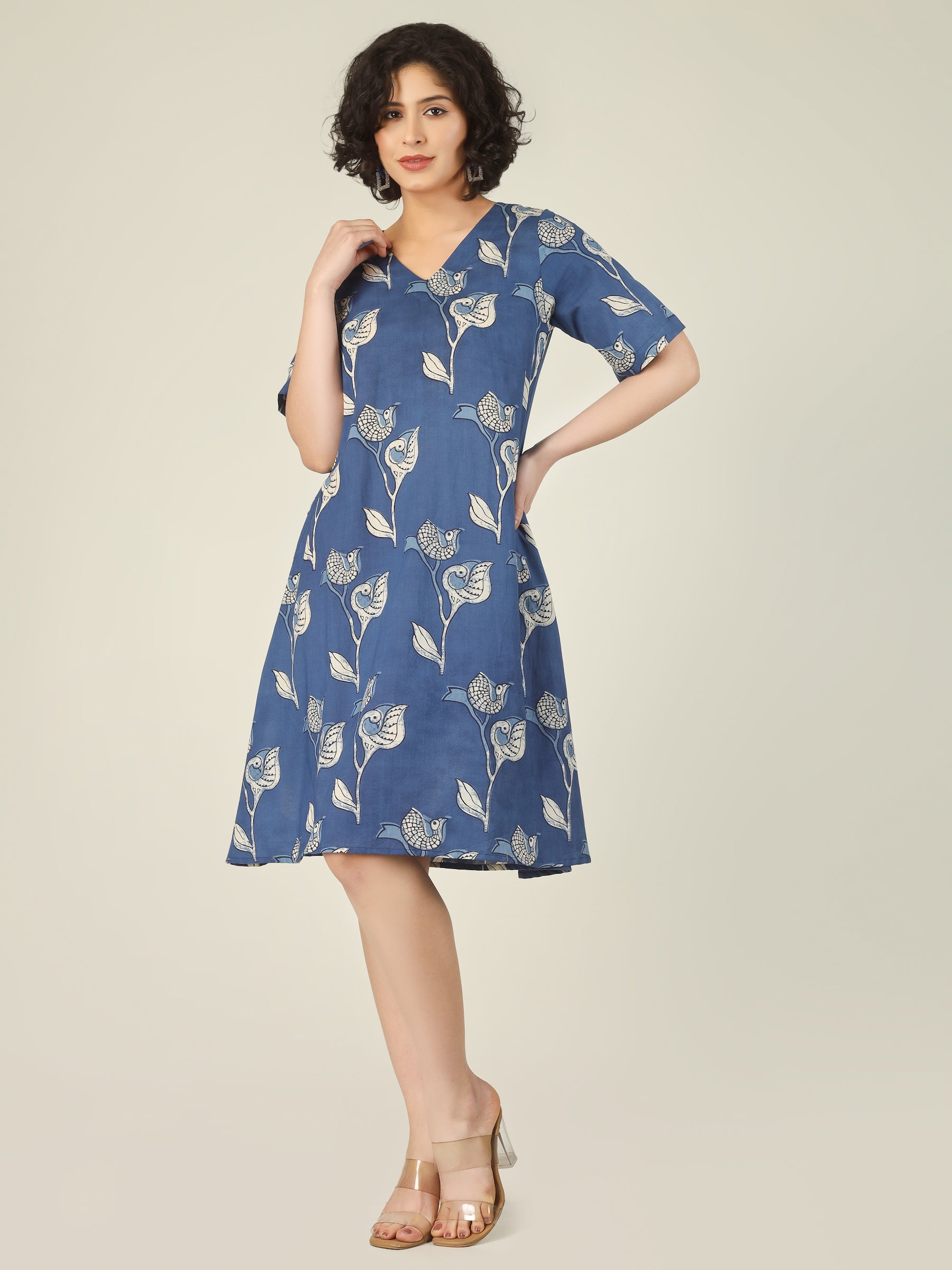 Navy Blue Printed Short A-Line Cotton Dress