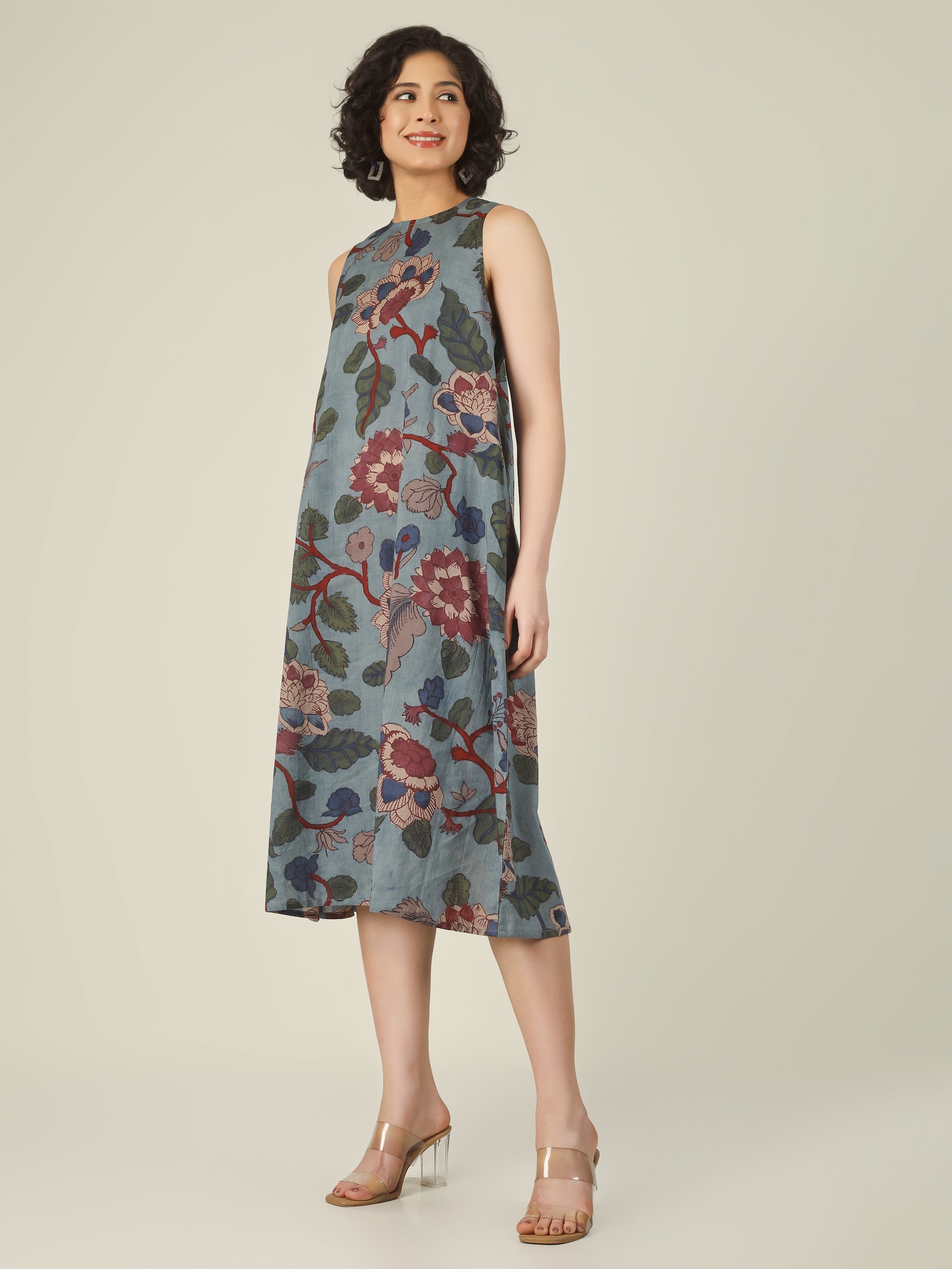 Slate Blue Printed Sleeveless A-Line Cotton Dress