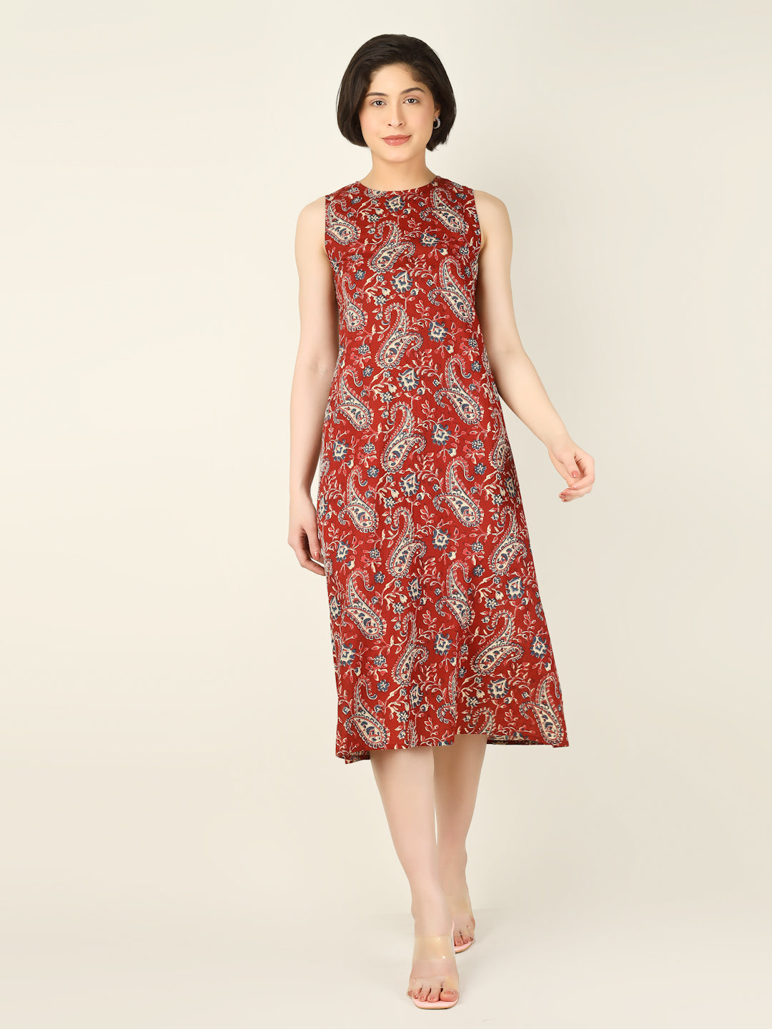 Maroon Printed Sleeveless A-Line Cotton Dress