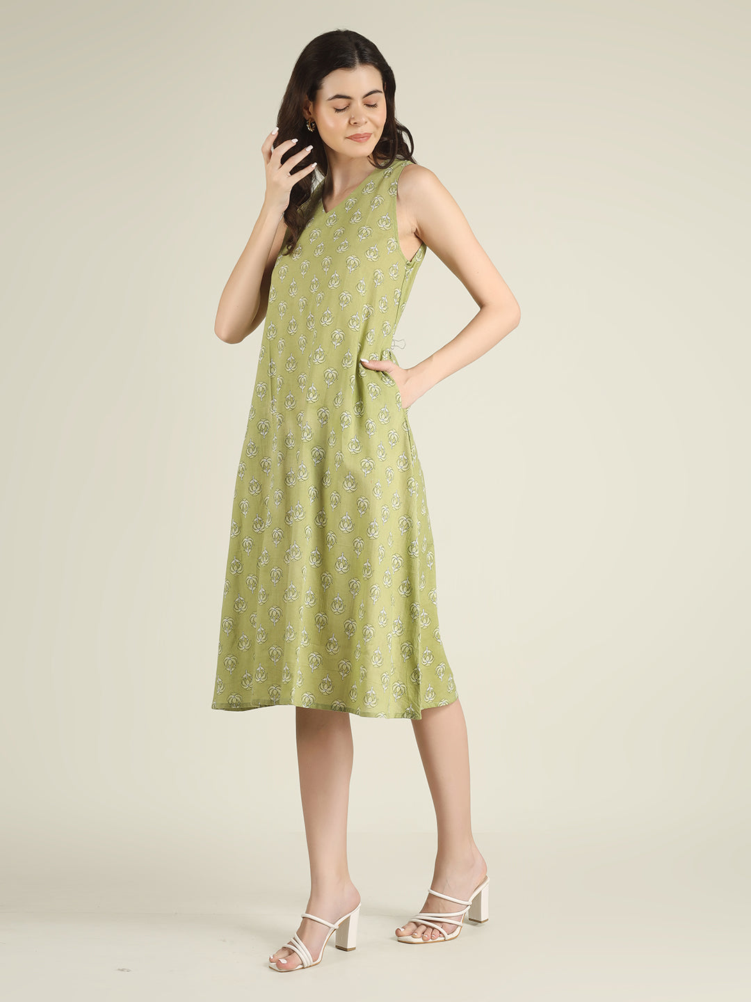 Green Printed Sleeveless V-Neck A-Line Cotton Dress