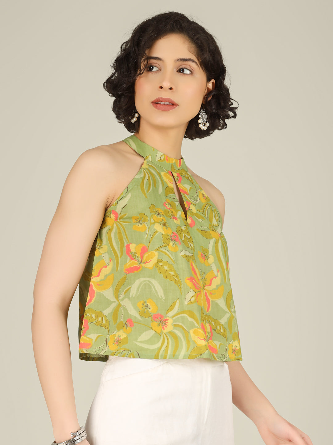 Green Printed Halter Neck Sleeveless Cotton Top