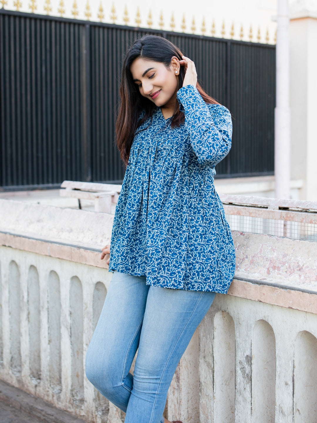 Blue Printed Full Sleeves Alia Cut Cotton Top