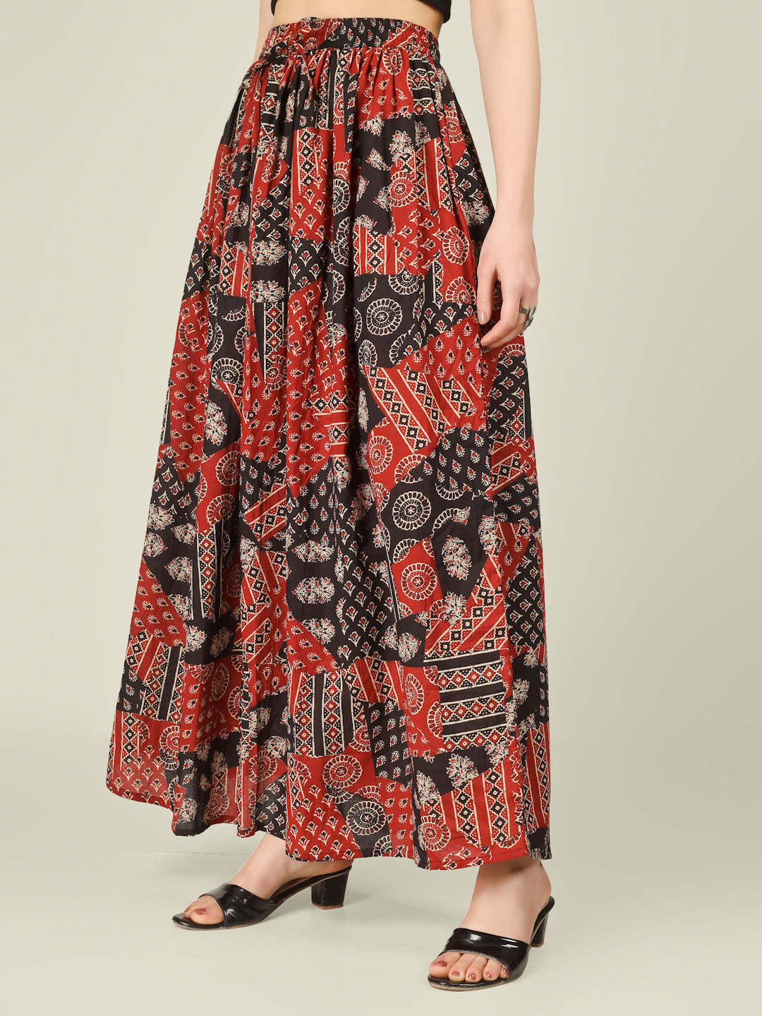 Red and Black Printed Cotton Maxi Skirt