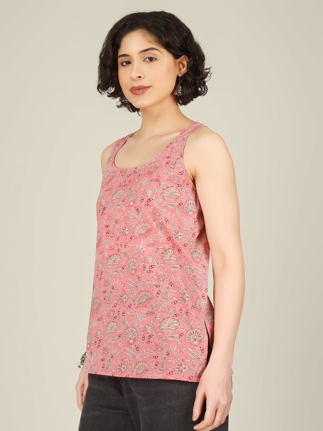 Peach Printed Round Neck Sleeveless Cotton Top