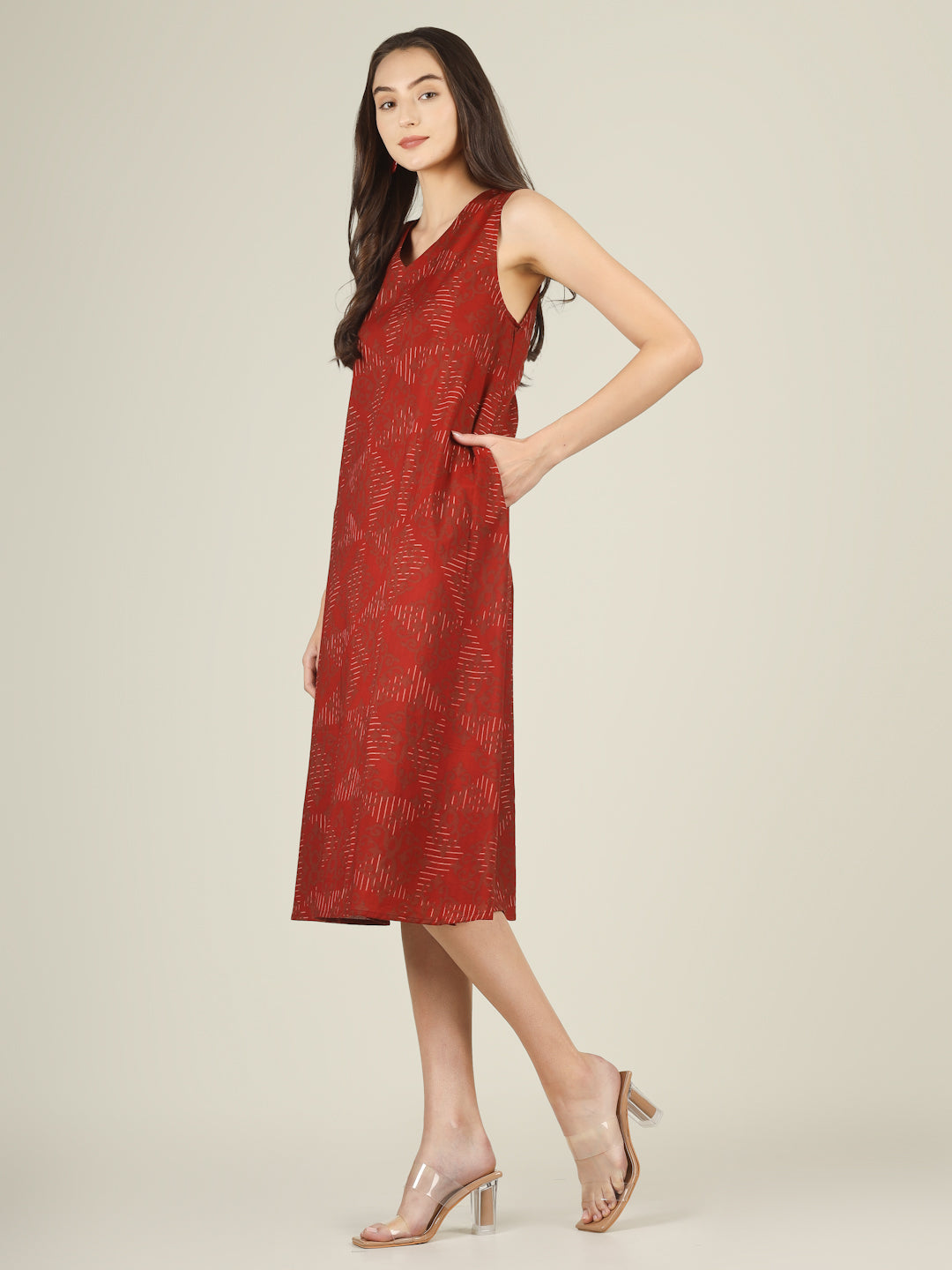 Red Printed V-Neck Sleeveless A-Line Cotton Dress