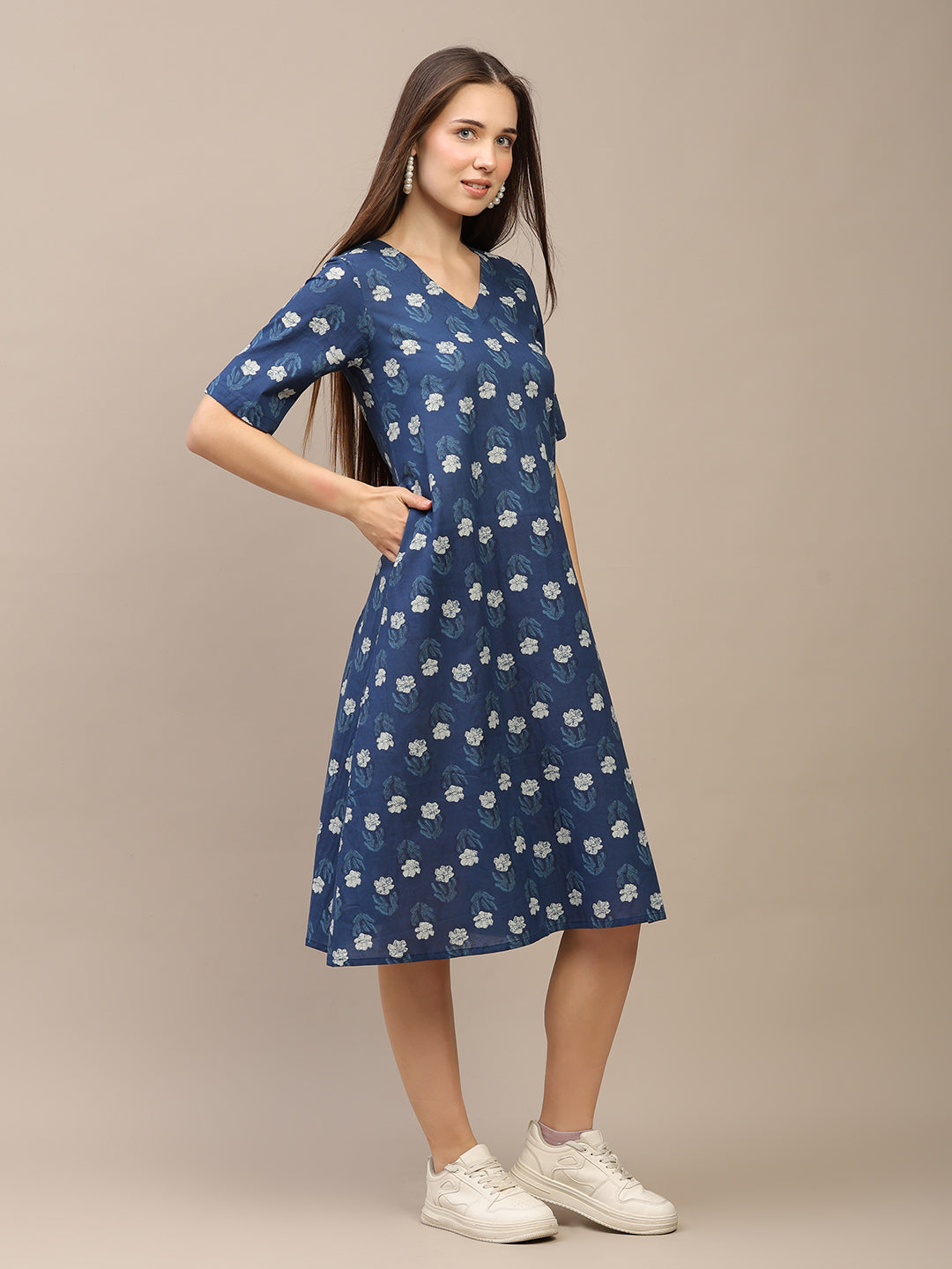 Blue Printed Half-Sleeve A-Line Cotton Dress