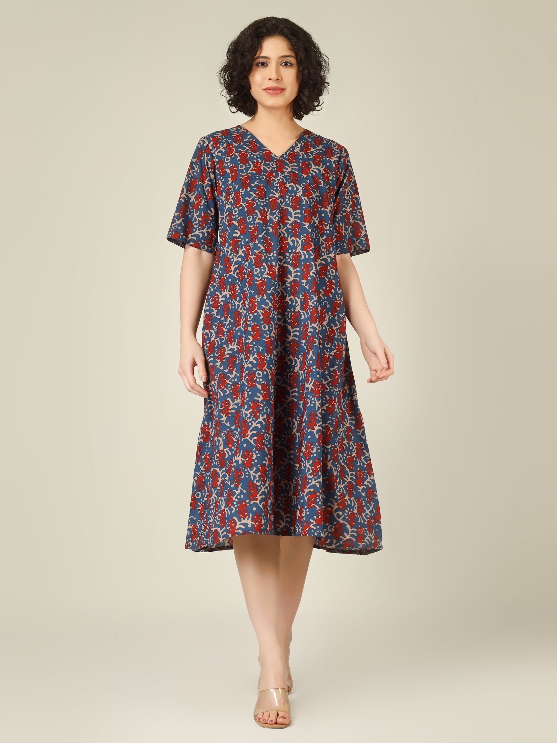 Blue Printed Half-Sleeve A-Line Cotton Dress