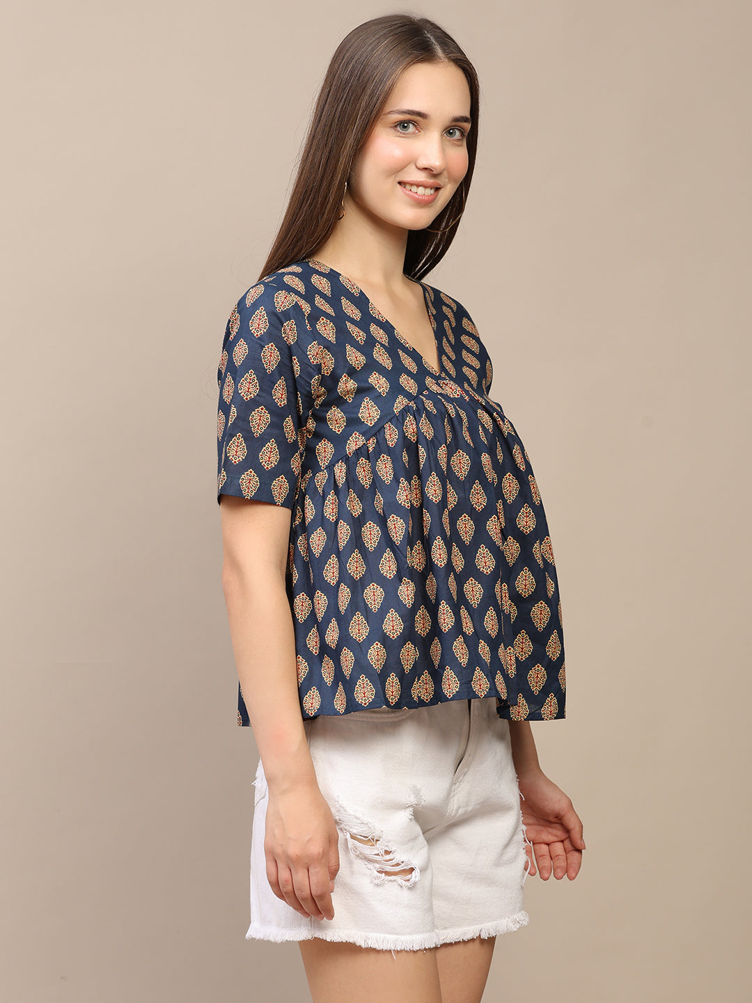 Navy Blue Printed Half-Sleeve Alia-Cut Cotton Top