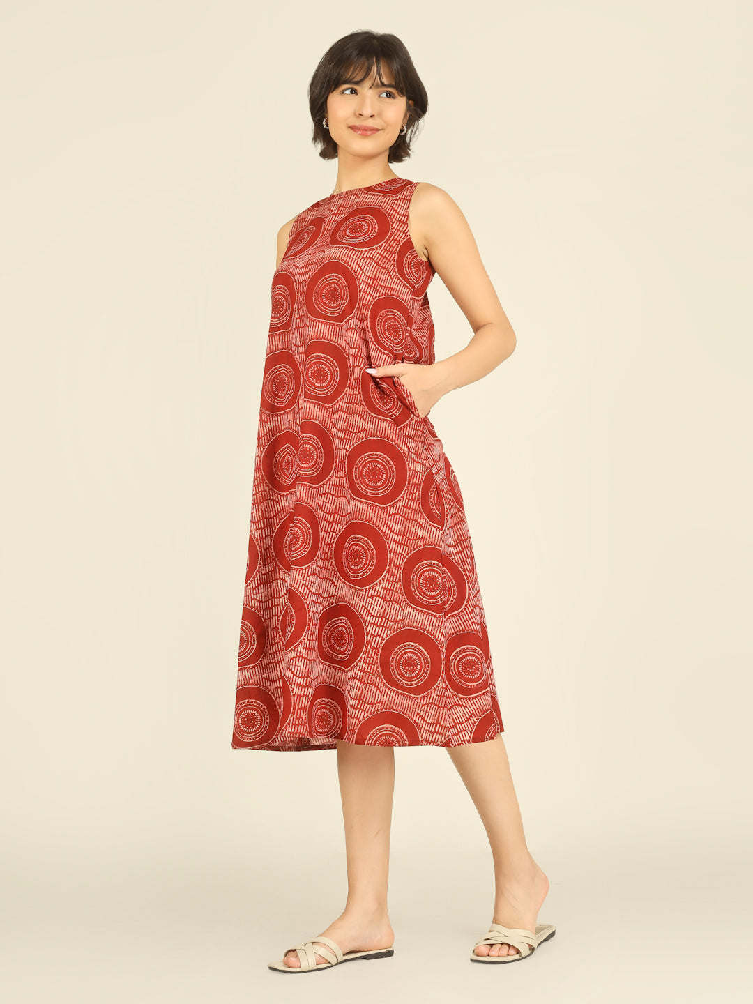 Red Printed Sleeveless A-Line Cotton Dress