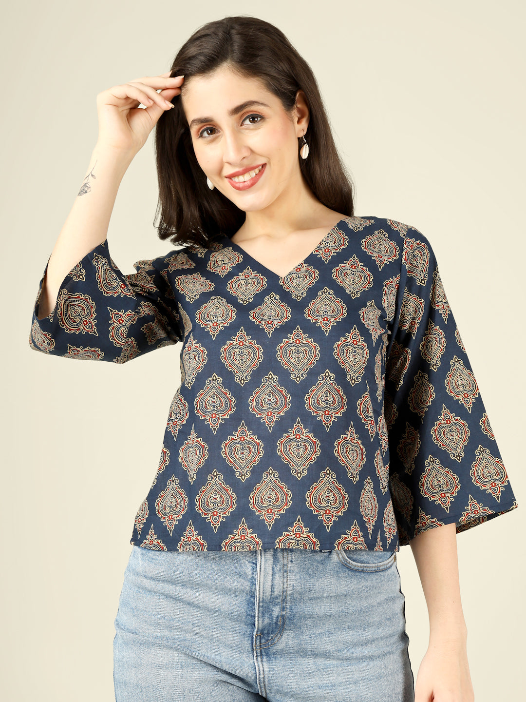 Navy Blue Printed Straight Bell-Sleeves Top