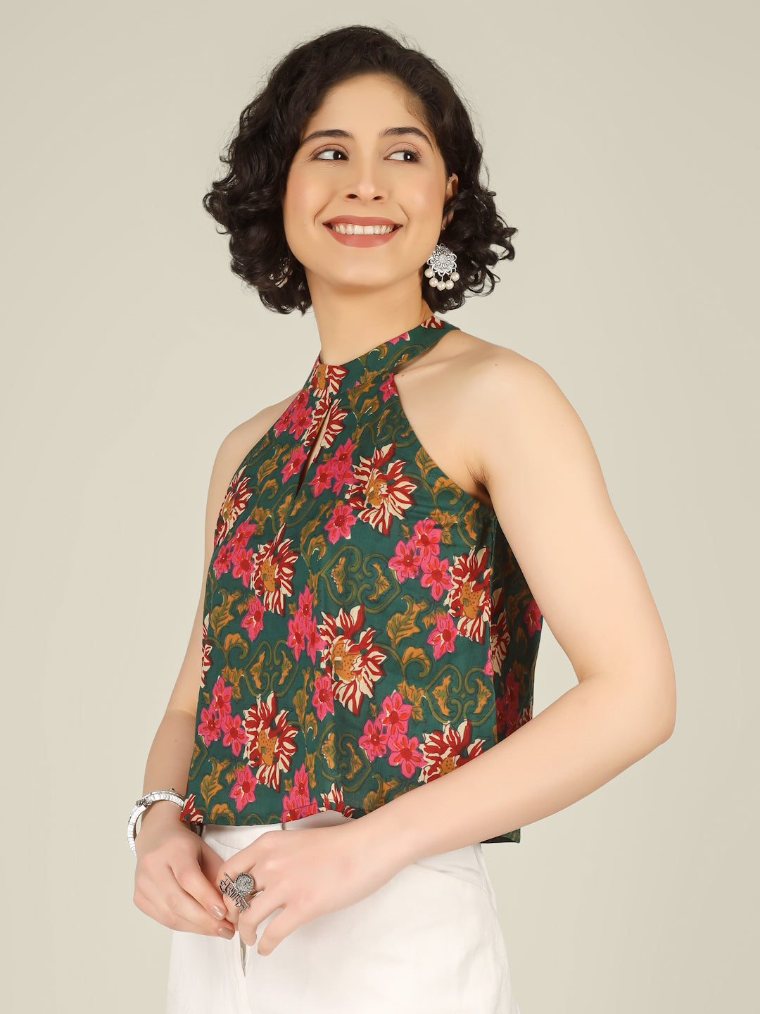 Dark Green Printed Halter Neck Sleeveless Cotton Top