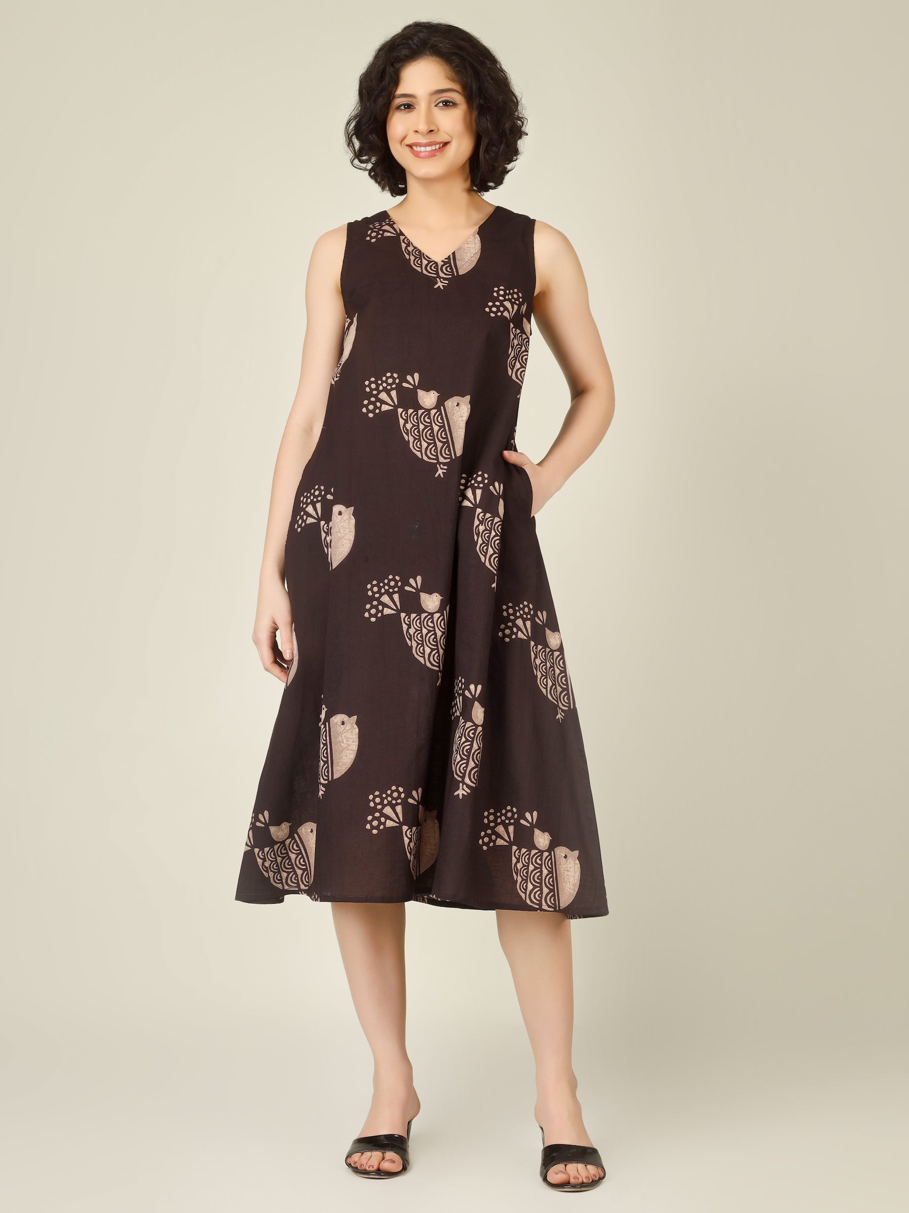 Brown Printed V-Neck Sleeveless A-Line Cotton Dress