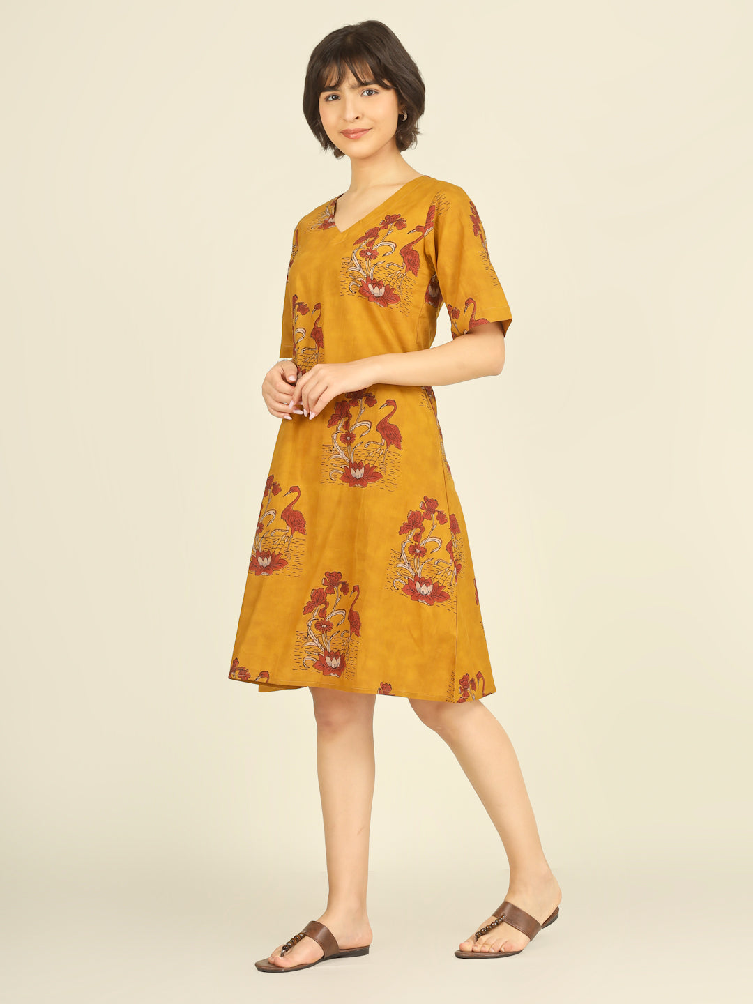 Yellow Printed Half-Sleeve A-Line Short Cotton Dress