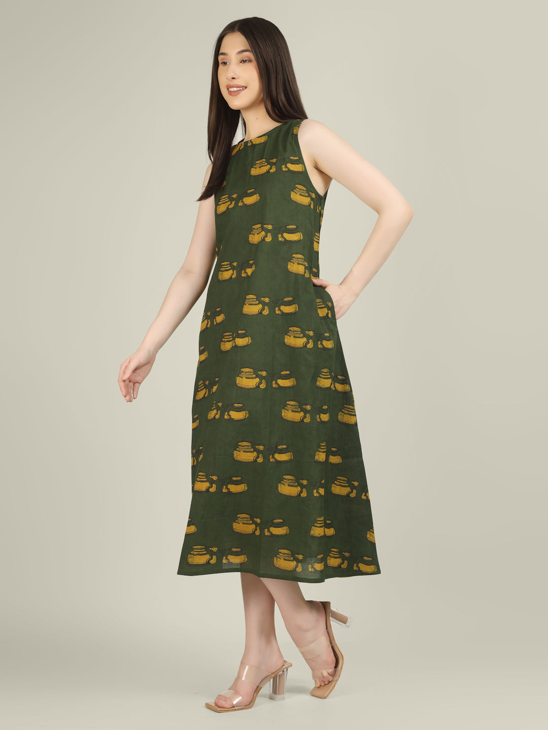Green Printed Sleeveless A-Line Cotton Dress