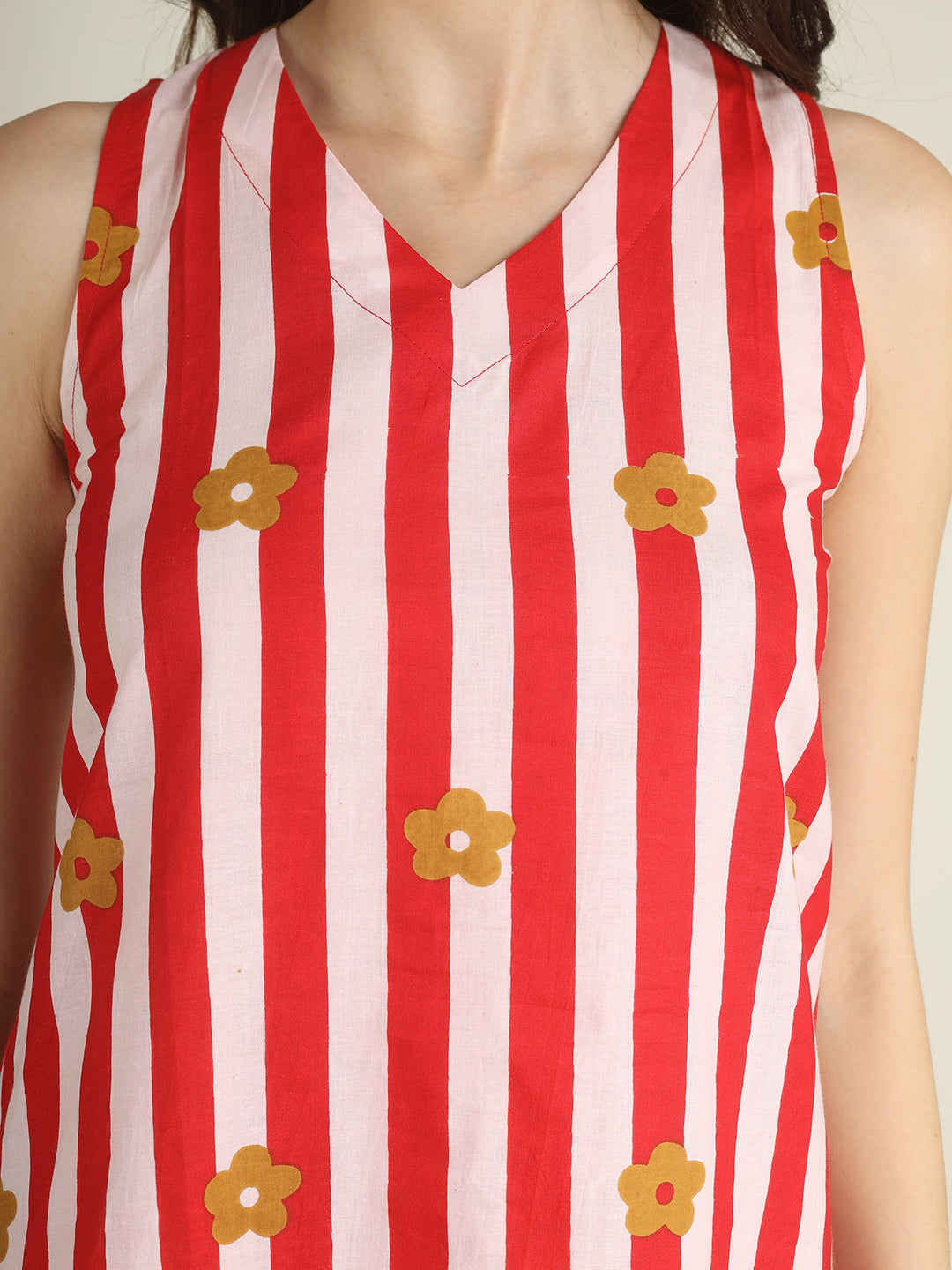 Red Striped Sleeveless V-Neck A-Line Cotton Dress