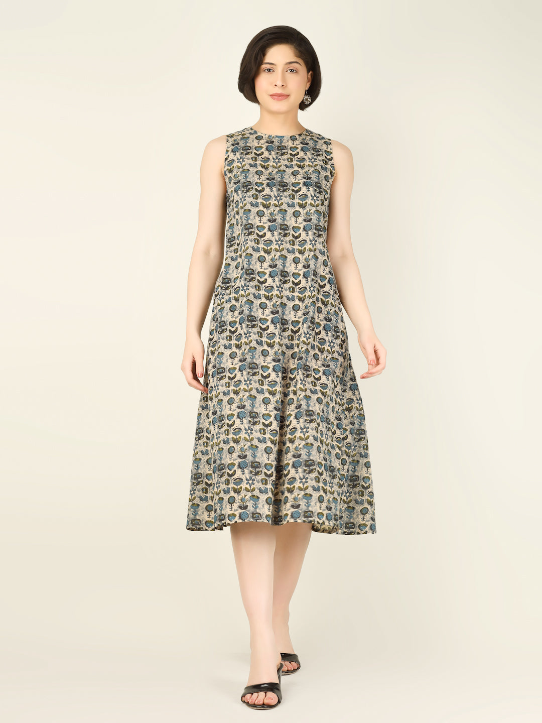 Green Printed Sleeveless A-Line Cotton Dress